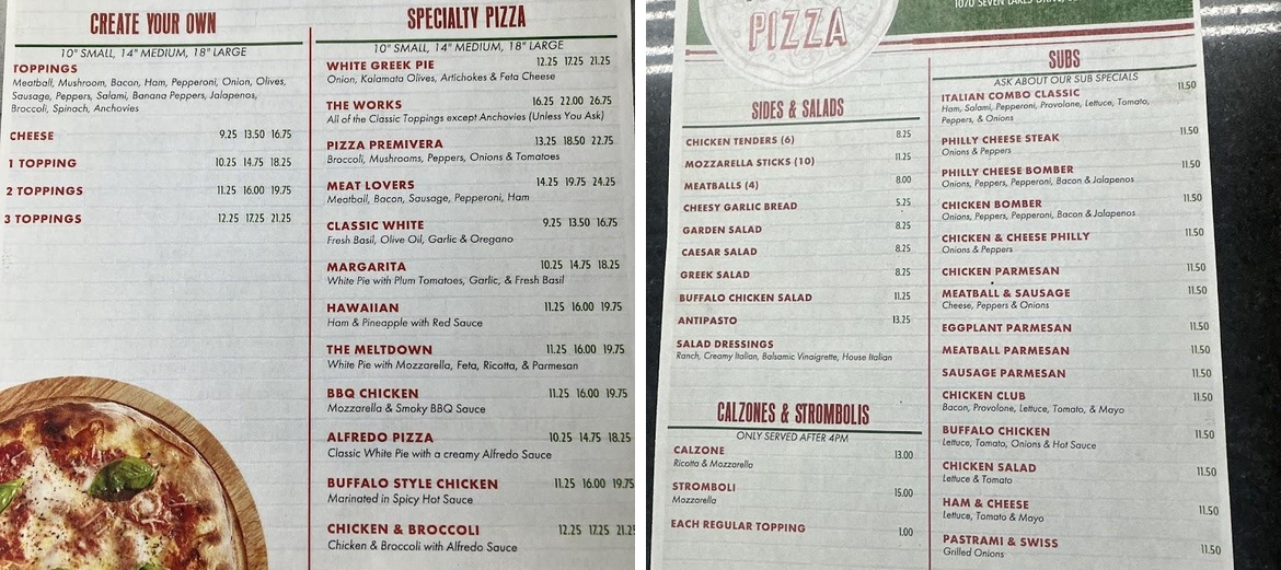 Seven Lakes Pizza Kitchen Menu